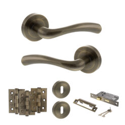 STATUS Texas Door Handle Pack (3 Lever Lock Set - 3" CE Sashlock, 3" Fire Rated Hinges x3) - Antique Brass