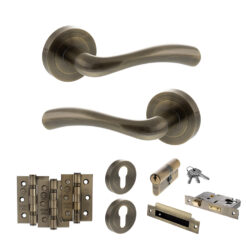 STATUS Texas Door Handle Pack (Euro Lock Set - 3" CE Sashlock, 3" Fire Rated Hinges x3) - Antique Brass