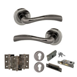 STATUS Texas Door Handle Pack (Euro Lock Set - 3" CE Sashlock, 3" Fire Rated Hinges x3) - Black Nickel