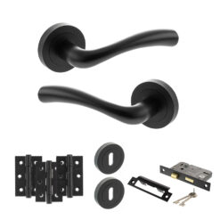 STATUS Texas Door Handle Pack (3 Lever Lock Set - 3" CE Sashlock, 3" Fire Rated Hinges x3) - Matt Black