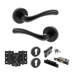 STATUS Texas Door Handle Pack (Euro Lock Set - 3" CE Sashlock, 3" Fire Rated Hinges x3) - Matt Black