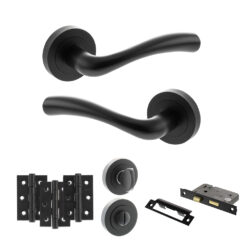 STATUS Texas Door Handle Pack (Bathroom Set - 3" CE Bathroom Lock, 3" Fire Rated Hinges x3) - Matt Black