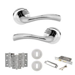 STATUS Texas Door Handle Pack (3 Lever Lock Set - 3" CE Sashlock, 3" Fire Rated Hinges x3) - Polished Chrome