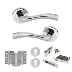 STATUS Texas Door Handle Pack (Euro Lock Set - 3" CE Sashlock, 3" Fire Rated Hinges x3) - Polished Chrome