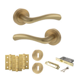 STATUS Texas Door Handle Pack (3 Lever Lock Set - 3" CE Sashlock, 3" Fire Rated Hinges x3) - Satin Brass