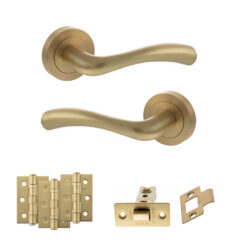 STATUS Texas Door Handle Pack (Latch Set - 3" CE Latch, 3" Fire Rated Hinges x3) - Satin Brass