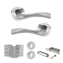 STATUS Texas Door Handle Pack (3 Lever Lock Set - 3" CE Sashlock, 3" Fire Rated Hinges x3) - Satin Chrome
