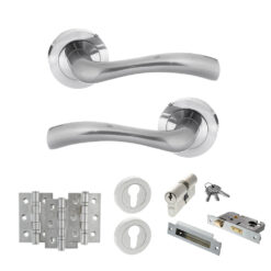 STATUS Texas Door Handle Pack (Euro Lock Set - 3" CE Sashlock, 3" Fire Rated Hinges x3) - Satin Chrome