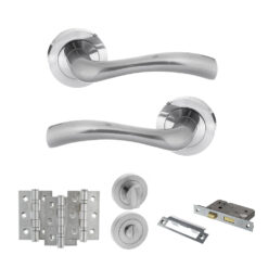 STATUS Texas Door Handle Pack (Bathroom Set - 3" CE Bathroom Lock, 3" Fire Rated Hinges x3) - Satin Chrome