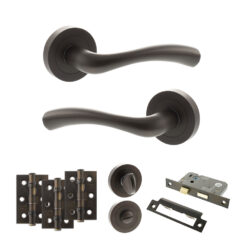 STATUS Texas Door Handle Pack (Bathroom Set - 3" CE Bathroom Lock, 3" Fire Rated Hinges x3) - Urban Dark Bronze