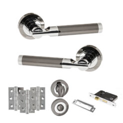 STATUS Dakota Door Handle Pack (Bathroom Set - 3" CE Bathroom Lock, 3" Fire Rated Hinges x3) - Black Nickel/Polished Chrome