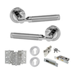 STATUS Dakota Door Handle Pack (Euro Lock Set - 3" CE Sashlock, 3" Fire Rated Hinges x3) - Satin Chrome/Polished Chrome