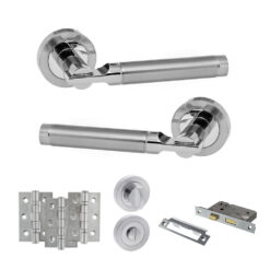 STATUS Dakota Door Handle Pack (Bathroom Set - 3" CE Bathroom Lock, 3" Fire Rated Hinges x3) - Satin Chrome/Polished Chrome