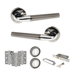 STATUS Tennessee Door Handle Pack (3 Lever Lock Set - 3" CE Sashlock, 3" Fire Rated Hinges x3) - Black Nickel/Polished Chrome