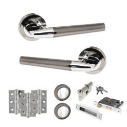 STATUS Tennessee Door Handle Pack (Euro Lock Set - 3" CE Sashlock, 3" Fire Rated Hinges x3) - Black Nickel/Polished Chrome