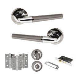 STATUS Tennessee Door Handle Pack (Bathroom Set - 3" CE Bathroom Lock, 3" Fire Rated Hinges x3) - Black Nickel/Polished Chrome