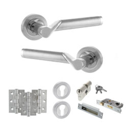STATUS Hawaii Door Handle Pack (Euro Lock Set - 3" CE Sashlock, 3" Fire Rated Hinges x3) - Satin Chrome/Polished Chrome