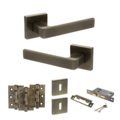 STATUS Montana Door Handle Pack (3 Lever Lock Set - 3" CE Sashlock, 3" Fire Rated Hinges x3) - Antique Brass
