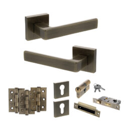 STATUS Montana Door Handle Pack (Euro Lock Set - 3" CE Sashlock, 3" Fire Rated Hinges x3) - Antique Brass