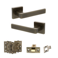 STATUS Montana Door Handle Pack (Latch Set - 3" CE Latch, 3" Fire Rated Hinges x3) - Antique Brass