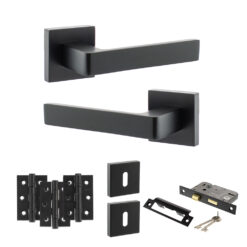 STATUS Montana Door Handle Pack (3 Lever Lock Set - 3" CE Sashlock, 3" Fire Rated Hinges x3) - Matt Black