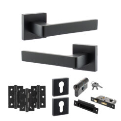 STATUS Montana Door Handle Pack (Euro Lock Set - 3" CE Sashlock, 3" Fire Rated Hinges x3) - Matt Black
