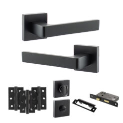 STATUS Montana Door Handle Pack (Bathroom Set - 3" CE Bathroom Lock, 3" Fire Rated Hinges x3) - Matt Black