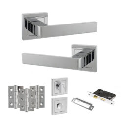 STATUS Montana Door Handle Pack (Bathroom Set - 3" CE Bathroom Lock, 3" Fire Rated Hinges x3) - Polished Chrome