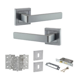 STATUS Montana Door Handle Pack (3 Lever Lock Set - 3" CE Sashlock, 3" Fire Rated Hinges x3) - Satin Chrome