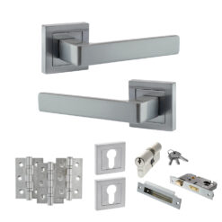 STATUS Montana Door Handle Pack (Euro Lock Set - 3" CE Sashlock, 3" Fire Rated Hinges x3) - Satin Chrome