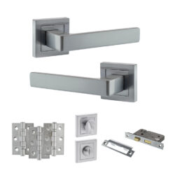 STATUS Montana Door Handle Pack (Bathroom Set - 3" CE Bathroom Lock, 3" Fire Rated Hinges x3) - Satin Chrome