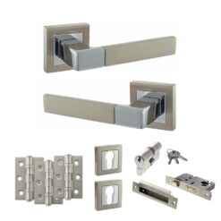 STATUS Montana Door Handle Pack (Euro Lock Set - 3" CE Sashlock, 3" Fire Rated Hinges x3) - Satin Nickel/Polished Chrome