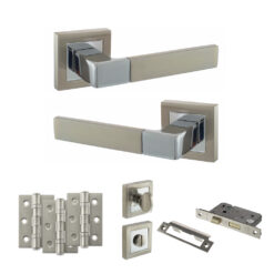 STATUS Montana Door Handle Pack (Bathroom Set - 3" CE Bathroom Lock, 3" Fire Rated Hinges x3) - Satin Nickel/Polished Chrome