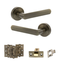 STATUS Carolina Door Handle Pack (Latch Set - 3" CE Latch, 3" Fire Rated Hinges x3) - Antique Brass