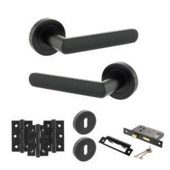 STATUS Carolina Door Handle Pack (3 Lever Lock Set - 3" CE Sashlock, 3" Fire Rated Hinges x3) - Matt Black