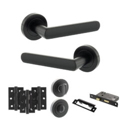 STATUS Carolina Door Handle Pack (Bathroom Set - 3" CE Bathroom Lock, 3" Fire Rated Hinges x3) - Matt Black