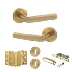 STATUS Carolina Door Handle Pack (3 Lever Lock Set - 3" CE Sashlock, 3" Fire Rated Hinges x3) - Satin Brass