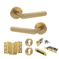 STATUS Carolina Door Handle Pack (Euro Lock Set - 3" CE Sashlock, 3" Fire Rated Hinges x3) - Satin Brass