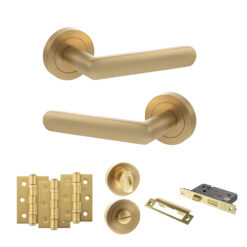 STATUS Carolina Door Handle Pack (Bathroom Set - 3" CE Bathroom Lock, 3" Fire Rated Hinges x3) - Satin Brass