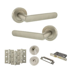 STATUS Carolina Door Handle Pack (Bathroom Set - 3" CE Bathroom Lock, 3" Fire Rated Hinges x3) - Satin Nickel