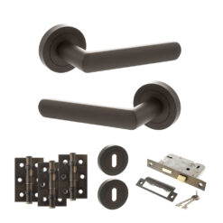 STATUS Carolina Door Handle Pack (3 Lever Lock Set - 3" CE Sashlock, 3" Fire Rated Hinges x3) - Urban Dark Bronze