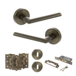 STATUS Alabama Door Handle Pack (3 Lever Lock Set - 3" CE Sashlock, 3" Fire Rated Hinges x3) - Antique Brass
