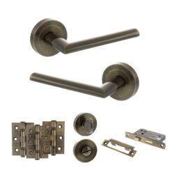STATUS Alabama Door Handle Pack (Bathroom Set - 3" CE Bathroom Lock, 3" Fire Rated Hinges x3) - Antique Brass