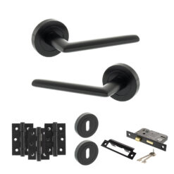 STATUS Alabama Door Handle Pack (3 Lever Lock Set - 3" CE Sashlock, 3" Fire Rated Hinges x3) - Matt Black