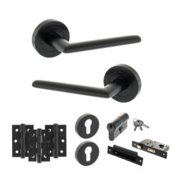 STATUS Alabama Door Handle Pack (Euro Lock Set - 3" CE Sashlock, 3" Fire Rated Hinges x3) - Matt Black
