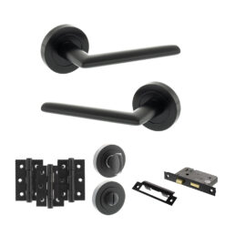 STATUS Alabama Door Handle Pack (Bathroom Set - 3" CE Bathroom Lock, 3" Fire Rated Hinges x3) - Matt Black
