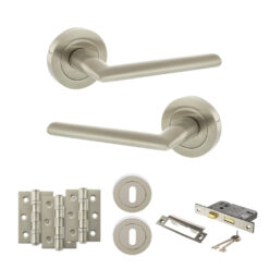 STATUS Alabama Door Handle Pack (3 Lever Lock Set - 3" CE Sashlock, 3" Fire Rated Hinges x3) - Satin Nickel
