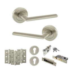 STATUS Alabama Door Handle Pack (Euro Lock Set - 3" CE Sashlock, 3" Fire Rated Hinges x3) - Satin Nickel