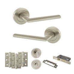STATUS Alabama Door Handle Pack (Bathroom Set - 3" CE Bathroom Lock, 3" Fire Rated Hinges x3) - Satin Nickel