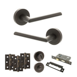 STATUS Alabama Door Handle Pack (Bathroom Set - 3" CE Bathroom Lock, 3" Fire Rated Hinges x3) - Urban Dark Bronze